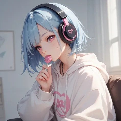  long light blue hair、 pink and white sweatshirt、 pink eyes、 black headphones 、Lollipop in the mouth