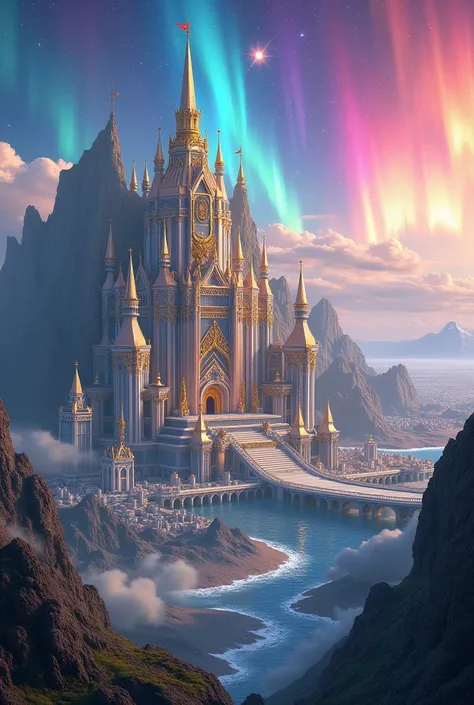 An enormous royal luxurious grand palace high Fantasy moonstone jem color mixed with gold and metallic iridescent palace. There are mountains, and abig ocean near the palace. Theres a gigantic citys infront of the palace and are big structures building. Th...