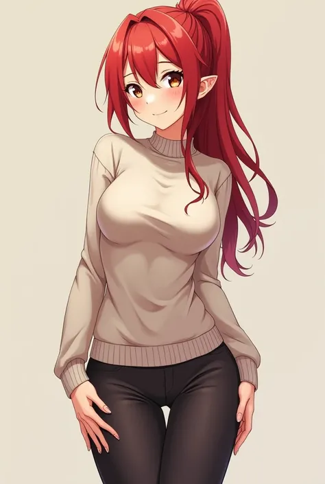 (anime) 30 year old woman ,Red hair tied in a tail ,  slim build ,  and a sweet smile, high. brown eyes.  big breasts. With a very tight sweater, Elfa version.  full body 
