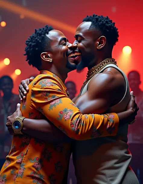 Create a picture which show diomond plutinumz and Alikiba hugging 