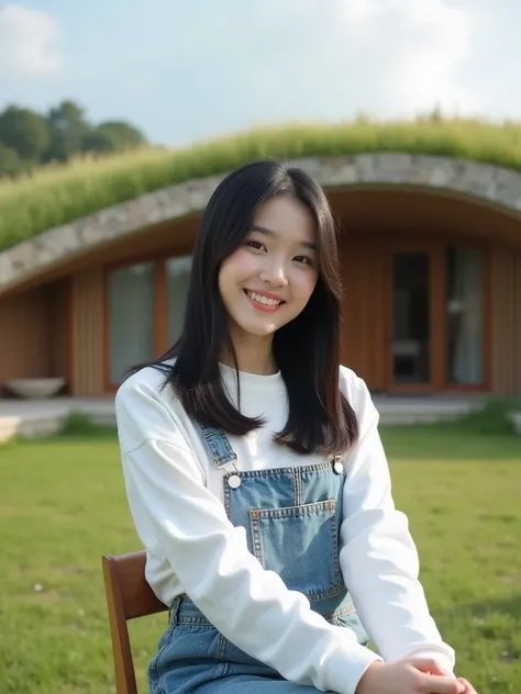  a beautiful Korean womans face glowing smooth white neck, straight shiny black hair , wearing a white sweatshirt and denim jumpsuit skirt ,  sits smiling at the viewer ,  on a chair in front of an organic house integrated with nature,  with a curved shape...