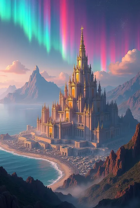 An enormous royal luxurious grand palace high Fantasy moonstone jem color mixed with gold and metallic iridescent palace. There are mountains, and abig ocean near the palace. Theres a gigantic citys infront of the palace and are big structures building. Th...