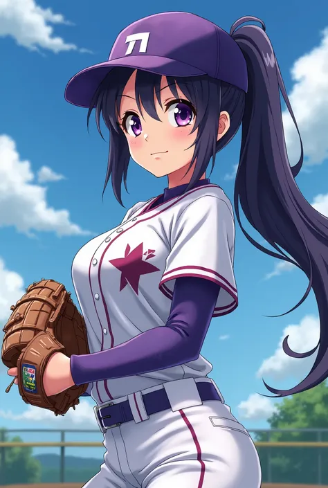 Japanese animation style、High school girl、Baseball uniform 、 Baseball Cap 、left pitcher、Dark Purple Long Hair、single ponytail、 purple pupils、 full breasts 、From Taiwan