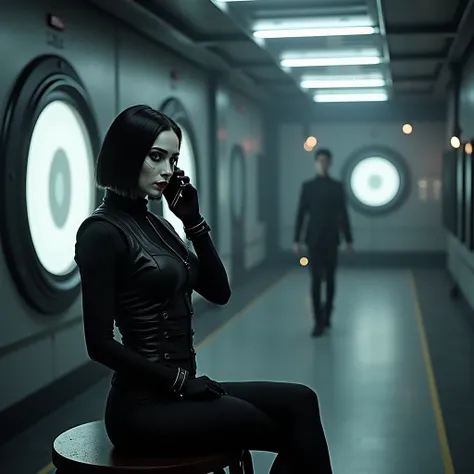 A beauty sexy dark gothic female from the interplanetary fleet in an ordinary uniform with a black vest with fleet insignia, black leggings, pale face and strong gothic makeup,dark gothic appearance, medium short gothic style hair, while talking on futuris...