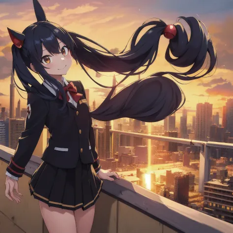 masterpiece,  top quality,  high definition , Awendy,  long hair,  Twin Tails ,  hair ornament,  school uniform, yellow bow ,  red jacket,  Long Sleeve ,  black skirt,   black rhinoceros, rooftop, sunset,  Extended arm , smile, city,  cowboy shot 