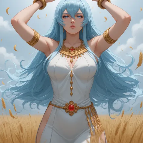 "Esdeath, a powerful woman with long blue hair braided elegantly, adorned with feathers and beads, wearing traditional Native American clothing crafted from soft leather. Her outfit features intricate patterns of beadwork and symbols representing ice and s...