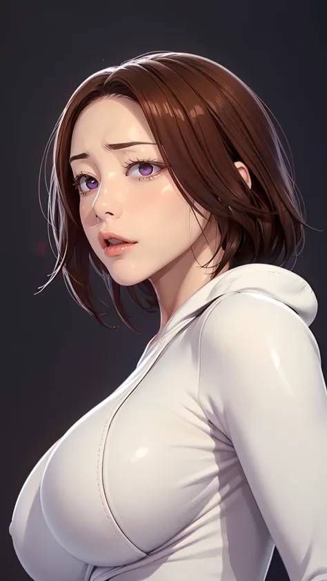 （（（perfect figure，figure，Alone， White and tender skin，（（（cyberpunk，Black dress, white coat, open coat,））），（（（junescdef,brown hair,purple eyes,medium hair，））），((masterpiece)),high resolution, ((Best quality at best))，masterpiece，quality，Best quality，（（（ Exq...