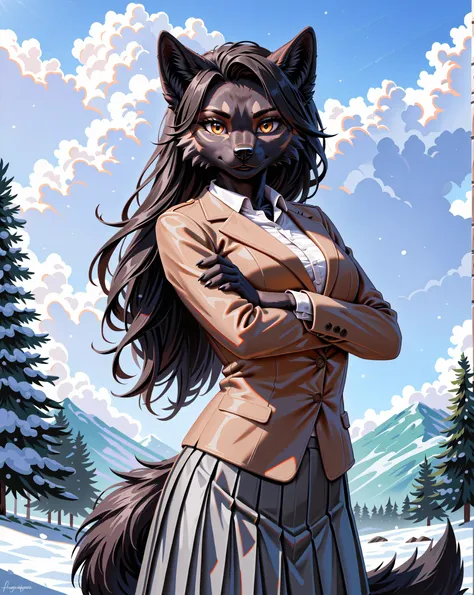 score_9, score_8_up, score_7_up, score_6_up, score_5_up, score_4_up, (detailed face and eyes:1.35), (solo, 1 female wolf anthro:1.5), (whole body black fur:1.5), (fluffy fur:1.35), (realistic:1.25), (beautiful, cool, boyish, dignified, earnest:1.35), (tall...