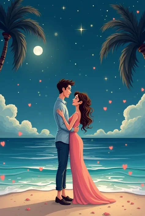 CARTOON PICTURE OF COUPLE LOVERS AT NIGHT SEA