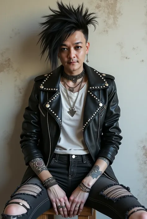 Wearing punk clothes with a punk hairstyle, sitting against a wall with a gravity-defying posture."
