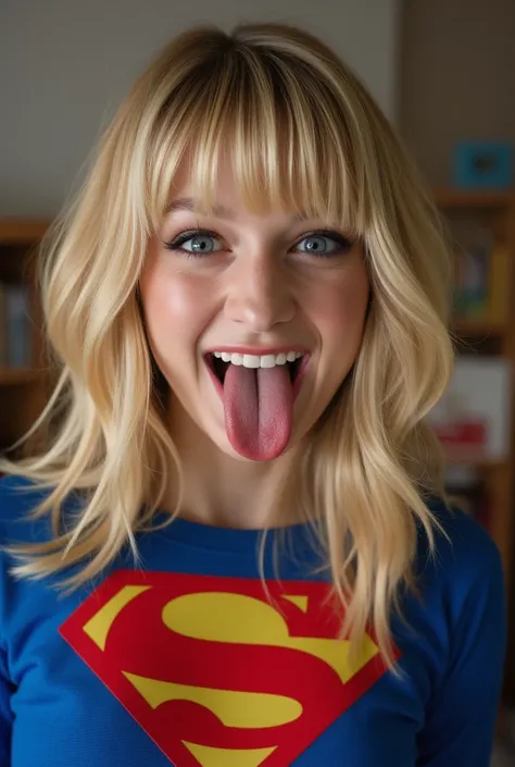 Portrait photo of a mashup with blond hair wearing a superwoman suit, shows a long tongue,  close-up 