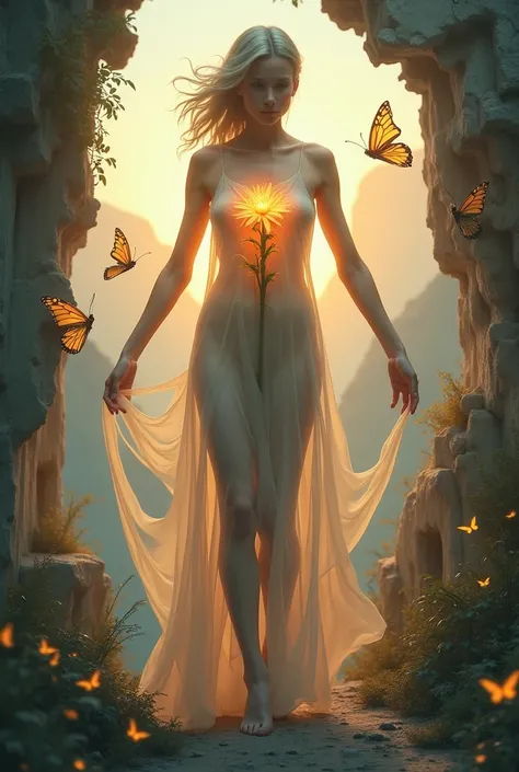 Transparent butterflies flying from the body of transparent woman in a dress with the growing flower in heart on the sunrise while everything around is falling apart