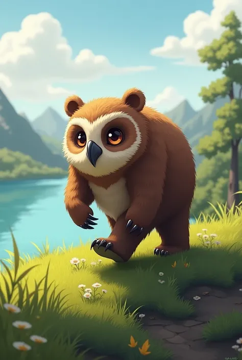 Brown Owlbear (bear with owl head), no ear,  walk happy on a grassland hill over the lake