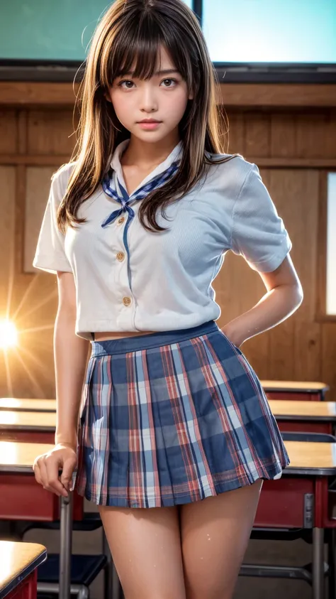 masterpiece,Highest quality,1 person,Cowboy Shot,Front view,Young and cute Japan,well-proportion,A small smile,sunset,((Intense red sunlight:1.5)),((High school classroom:1.5)),Schoolgirl uniform,Summer clothes,((Ultra short checkered blue micro mini skirt...