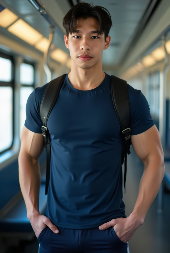 ((Korean Man Wearing Navy Short Sleeve Round Neck Sports Shirt)) , ((( tights ))), (((Men with short hair))), ((( large muscle ))), (((Seductive fit body ))), ((Short Hairstyle))), (( On the train)), daytime , black backpack  ,Do not take off the shirt