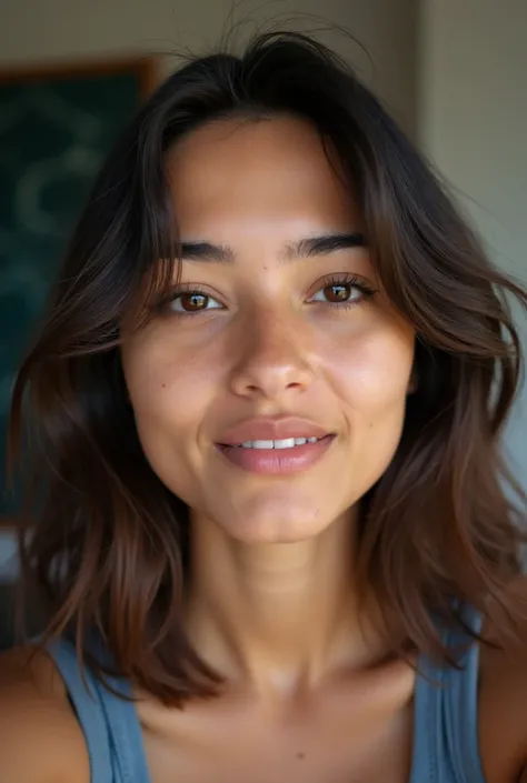 18-year-old Latin girl takes a selfie with her mouth slightly open , she is not beautiful