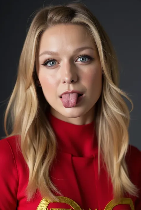 Portrait photo of a mashup with blond hair wearing a superwoman suit, shows a long tongue,  close-up 