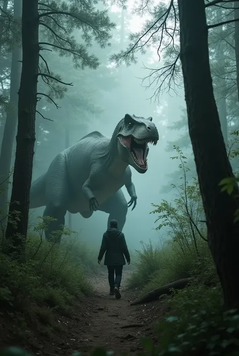 Shaking and breathless, you stumble into a dense, misty forest. Branches snap nearby, then silence. A low growl vibrates through the air. Turning, you freeze—Tyrannosaurus rex looms, eyes locked on you. Its nostrils flare, detecting your fear. Escape? Ther...