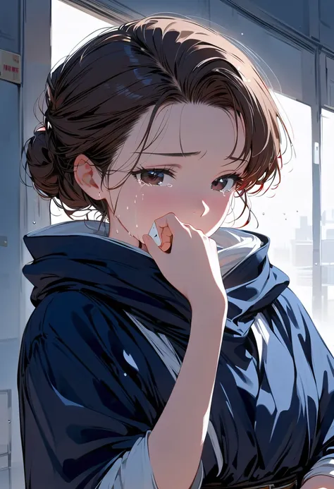 (masterpiece, best quality:1.2), 1 girl, solo, brown hair slicked back, love letter in hand, hand covering mouth, tears, locker in background, chouran uniform