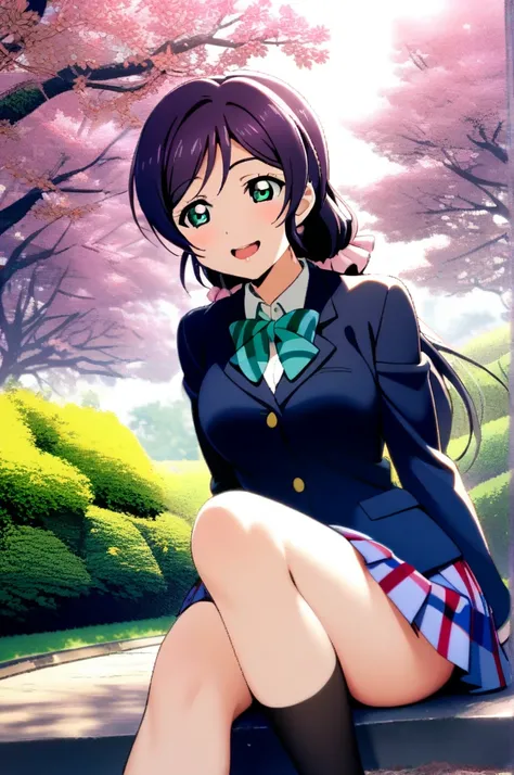 1girl, toujou nozomi, love live!, otonokizaka school uniform, smile, hand between thighs, beautiful scape, park, sitting, looking at another, open mouth, (spread leg:0.3) down, green ribbon, pantyshot, light pink panties