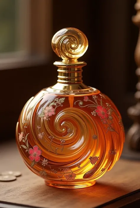 Create a gorgeous perfume bottle, the top inspired by the look of hungaran kürtős kalács 
the bottle has kalocsai motives, make it luxurious gourmand bottle