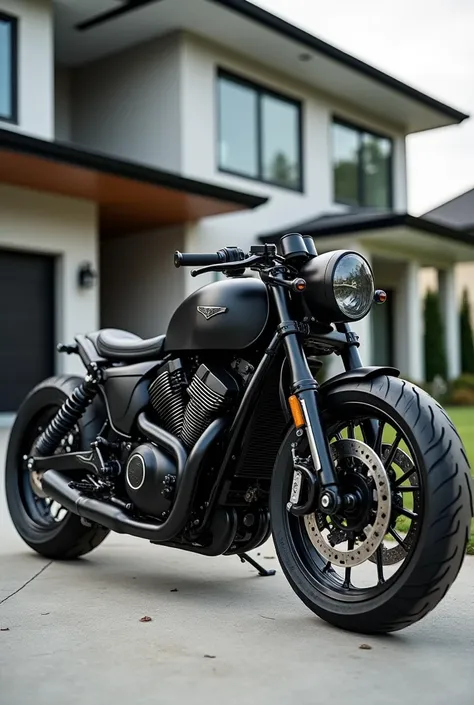 Motorcycle, custom bobber sport, cool, full body, advanced. in front house.