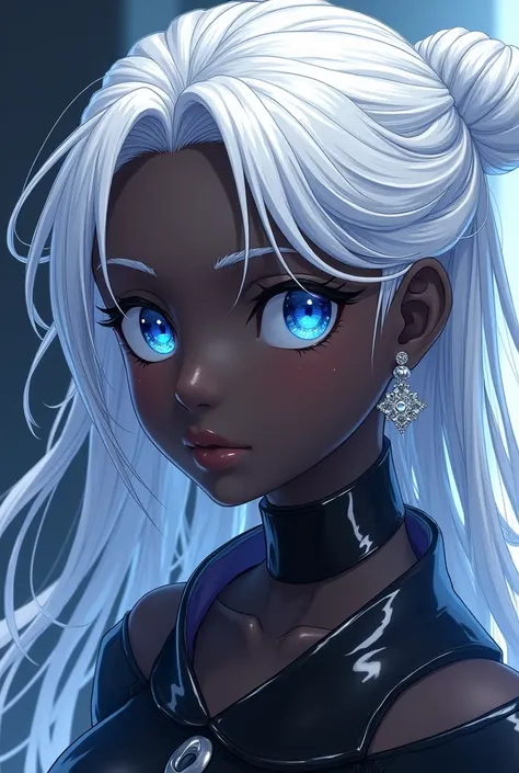 Draw me a black anime character with blue eyes, white hair and earrings in 8k