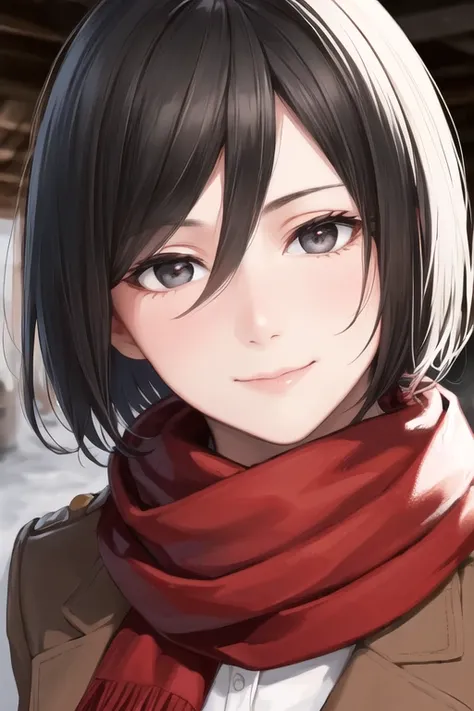 (best quality,highres,masterpiece:1.2), realistic,hmmikasa, black eyes, short hair, red scarf, 
calm smile,wearing latest winter fashion,looking at viewer,focus face,shopping, (mikasa_ackerman_v1:0.7), 