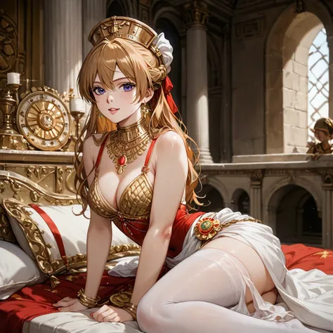 (( top quality)), ((masterpiece)), ( Details), （ perfect face）、 is Soryu Aska Langley, who became Marie Antoinette in ancient Rome, wears an ancient Roman Marie Antoinette costume and is Louis on a luxurious bed in an ancient Roman palace１６The woman who hu...