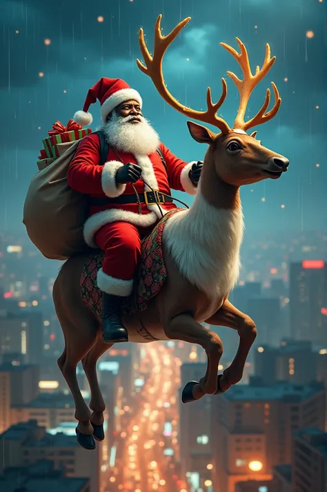 Santa clause with black complexion carrying bags flying across the city of Lagos on a rain deer