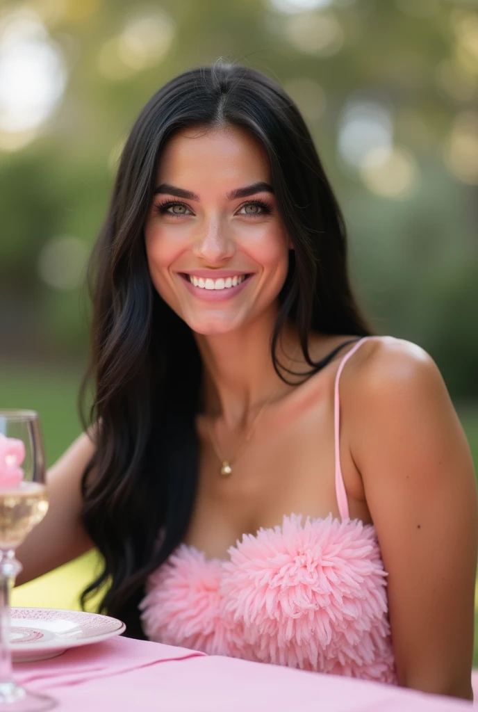  A young white woman with long straight shiny black hair  ,  shiny skin,  Blue Eyes, medium lips with gloss, eyebrows done,wearing short fuffy pink dress , Big breasts  ,Sitting at the table in an outdoor backyard at a smiling pink baby shower High resolut...