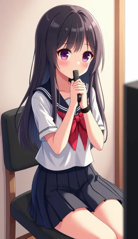 An anime-style illustration of a teenage woman with long black hair and purple eyes .  sitting on a chair and dining backrest black leather with wooden legs She wears Japanese school uniform with white blouse, red bow, black pleated sailor skirt Magas shor...