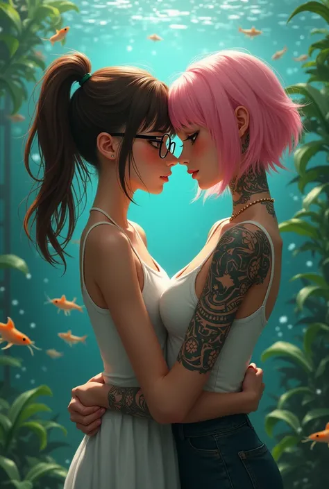  Thin girl with brown hair with a ponytail and bangs ,  with glasses and dark brown eyes ,  holding in her arms a strong girl ,  with medium long pink hair to the side , with a shaved side , And only the girl with pink hair wears tattoos,  in the backgroun...