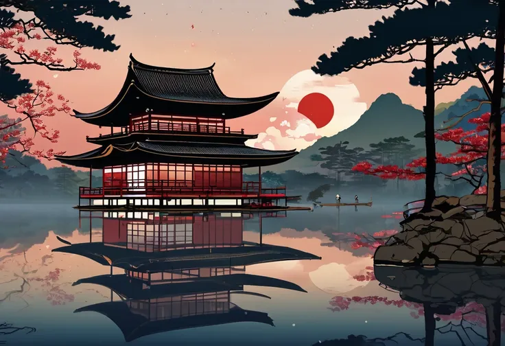   The Shrine Reflects on the Lake , Artwork inspired by Kano Hogai ,  trending on artstation , Ukiyo-e, Japanese art style, Japanese art, traditional Japanese art, old Japanese art, Japan at Night, 4K VERY DETAILED ART , Japanese art art,  Animated Backgro...