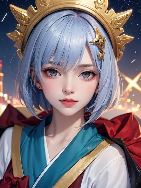 masterpiece， top quality，8k， Detailed Skin Textures ， detailed cloth texture，Beautifully detailed face， complex details， super detailed ，Portrait of Rei Ayanami， Silver Hair，Red colored eyes， black headgear on the head,Pixieカット，Shining Skin Hair Ornaments,...