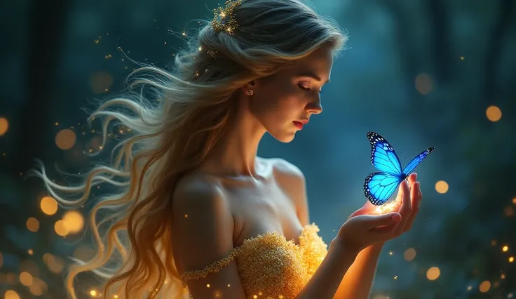 "Create a magical, ethereal scene featuring a beautiful woman with flowing hair, dressed in a golden, shimmering gown. She is gently holding a delicate blue butterfly in her hands, with a serene and mystical expression on her face. The background is a dark...