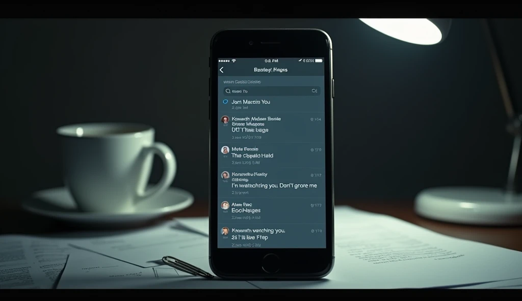 Description: A phone screen displays a series of unread messages from a sender with the same name, with only a few minutes between each message. Surrounding the phone are a tilted coffee cup, messy work papers, and a dim desk lamp, creating an atmosphere o...