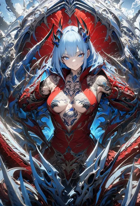  Light Blue Hair ,  blue eyes, red jacket, Sleeveless, skirt, Lots of tattoos ,  Dragon Tattoos on Arms ,  open chest ,  Wide Neckline , chest window,  Window on Chest ,  smile , Magic Claws ,  Magical Tails , masterpiece,  best quality, Full HD, 8k,  Ultr...