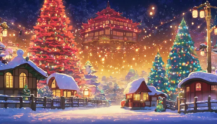 Generate a Ghibli Anime-inspired artwork Emphasize the Ghibli style while infusing the holiday spirit. Use vibrant colors, enchanting lights, and a sense of wonder. Christmas