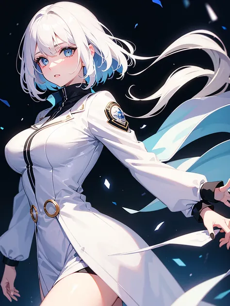 1girl, 30 years old, white hair, blue eyes, White coat. 