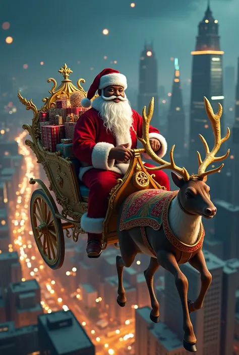 Santa Clause with black complexion carrying gifts in a chariot of six rain deers flying across the city of Lagos Nigeria 