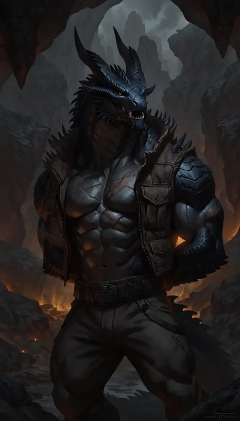 dragon like anthro lizard, hands behind back, anthro dragon, solo, scaly, detailed scales, experienced predator, dragonic, monster, mercenary, open mouth, black scaly body, matte body, toned, muscular anthro, big muscles, big horns, wearing vest and pants,...