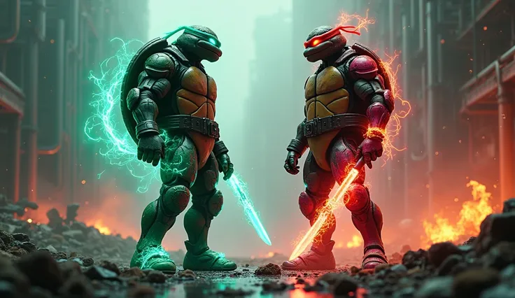 A cybernetic Donatello from Teenage Mutant Ninja Turtles and a cyber-enhanced Shredder standing side by side in a futuristic industrial arena, poised for a monumental fusion. Donatello, equipped with a glowing green exoskeleton reinforced by energy circuit...