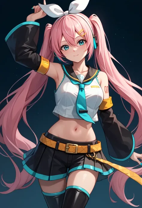 score_9, score_8_up, score_7_up,score_6_up, score_5_up, score_4_up , 1girl, solo, ((SPLIT-COLOR HAIR)), ((blonde hair)), ((aqua hair)), ((pink hair)), large breasts, luka megurine, blue eyes, headphones, long hair, pink hair,, arm warmers, armband, bare sh...