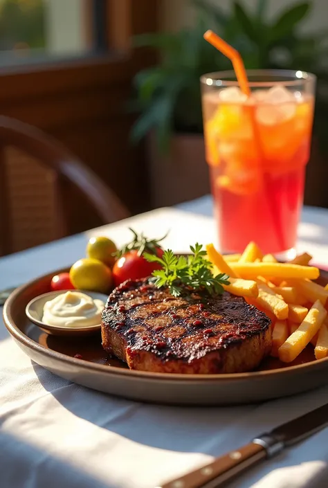 A vibrantly colored still life of a delectable meal, featuring a main course of tenderly grilled steak, served with a side of roasted vegetables and golden-brown crispy fries, garnished with fresh herbs and a dollop of creamy sauce, all arranged artfully o...