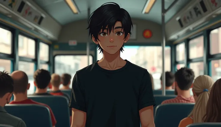 Realistic picture ,a young man with shoulder length long hair, standing on the bus, wearing black T-shirt, point of view wide ,realistic style, realism