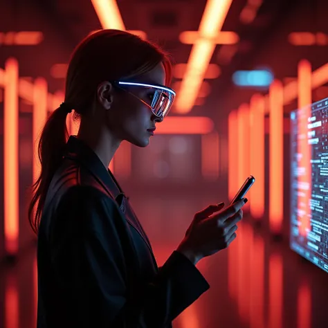 Futuristic person standing ,  with shiny technological glasses ,  holding a cell phone in one hand and looking at a holographic screen in the background.  Scenario with neon lights in red and orange tones .
