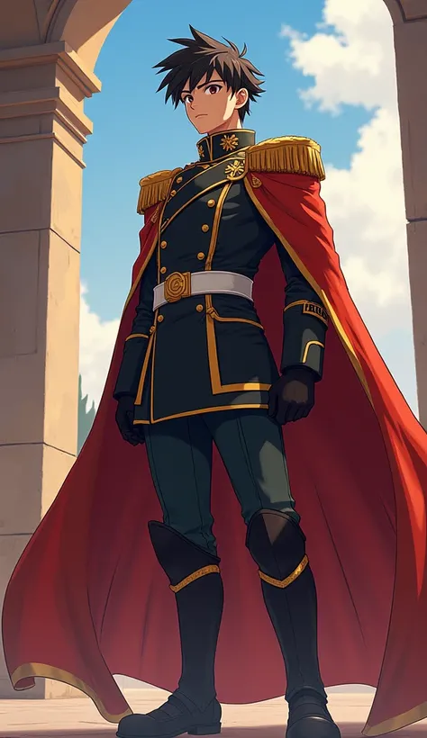 The male soldier, who is king but looks like an anime, sees both his body and legs and arms in an upright posture.