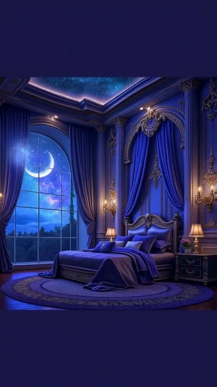 A luxurious and elegant royal bedroom bathed in deep blue and purple tones. The centerpiece is a grand canopy bed with satin bedding, surrounded by intricately detailed gold accents and drapery. The room features a large arched window revealing a breathtak...