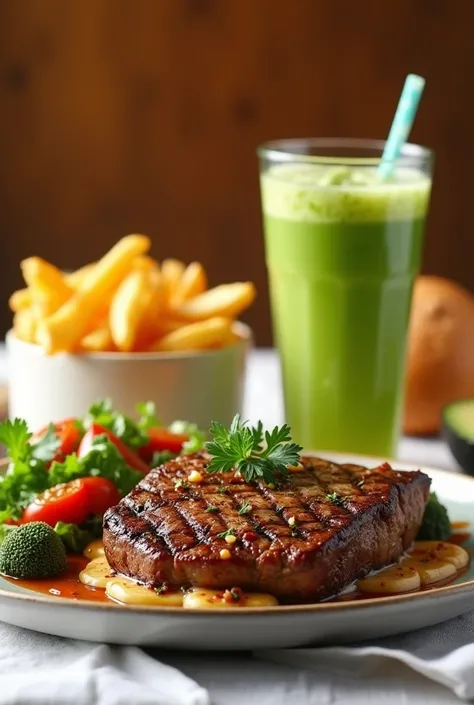 A vibrantly colored still life of a delectable meal, featuring a main course of tenderly grilled steak, served with a side of roasted vegetables and golden-brown crispy fries, garnished with fresh herbs and a dollop of creamy sauce, all arranged artfully o...